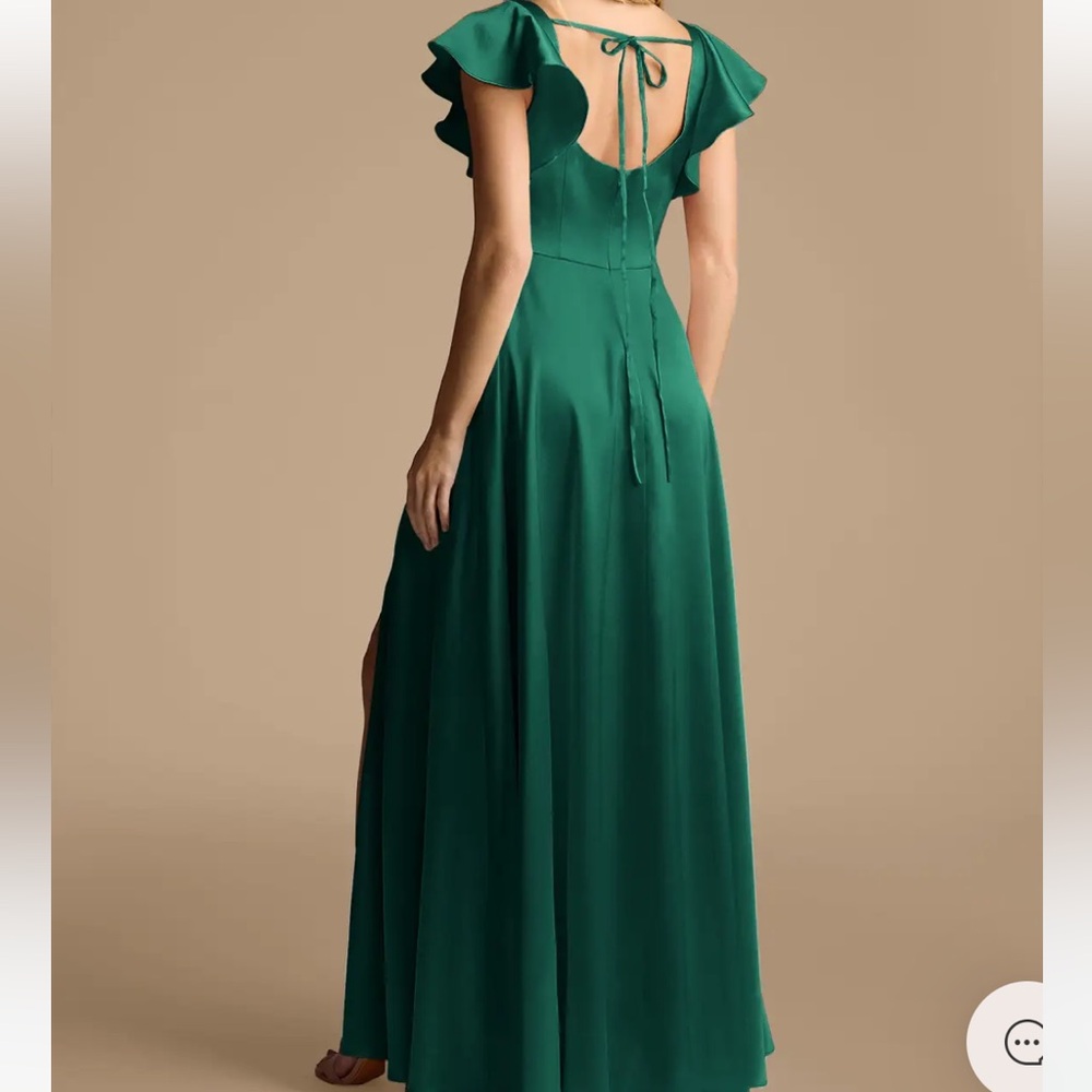 Azazie Bondi Emerald Metallic Satin Dress with Slit Size 6 - Picture 2 of 7